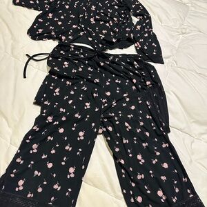 Victoria Secret two-piece pj’s, lace trimmed tie in front. Large. Pink floral/